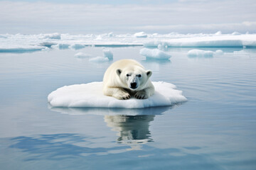 Obraz premium Polar bear on a melting ice floe due to climate change