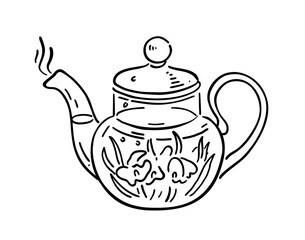 Glass teapot with tea and herbs. Vector illustration in doodle style