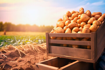 Fototapeta na wymiar Harvested potatoes in a crate with field in the background.