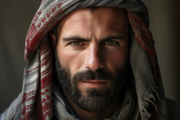 Young arab man in national clothes and turban Muslim man Saudi african moroccan yemenite persian men generative ai