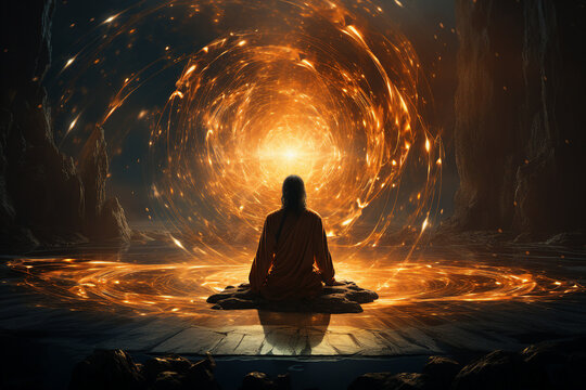 Generative AI picture of young calm peaceful person meditating looking at a beautiful fantastic cosmic view