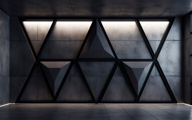 Geometric dark wall windows in contemporary architecture. Unusual dark wall in modern feeling minimalist style with windows.