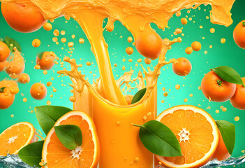 Big long splashes of orange fruit juice on snow background