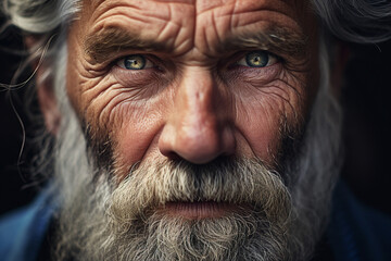 Close up picture of face old wise man with white beard homeless grandfather generative ai