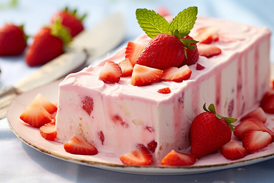 Italian dessert called Strawberry Semifreddo, made from cream, Greek Yogurt and strawberry fruits
