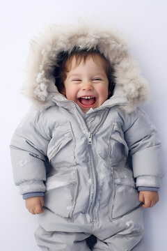 A playful child, bundled up in winter clothes, making a snow angel, on white background