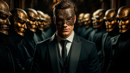 portrait of handsome man in dark suit posing in studio with golden mask