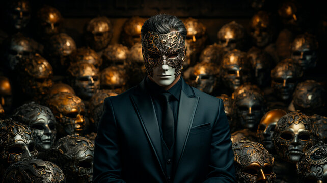 portrait of handsome man in dark suit posing in studio with golden mask