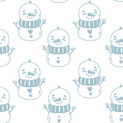 christmas seamless pattern with cartoon snowmen. Cute snowman. Print for fabric, wrapping paper or wallpaper. New Year celebration. Christmas template. Vector 