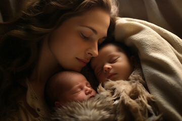 Woman holding two newborn charming babies in her arms sleeping together generative AI - obrazy, fototapety, plakaty