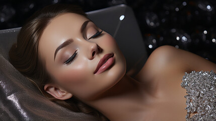 Diamond Indulgence": Glamorous woman enveloped in luxury diamonds during a facial.