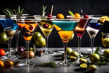 A row of martini glasses filled with different colored cocktails, each garnished with a twist or olive.