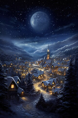 A serene, magical winter landscape of a snow-covered village with twinkling lights, under a full moon, and a star-filled sky