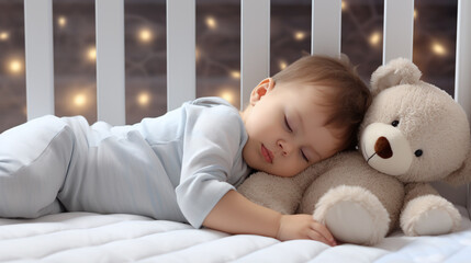 child sleeps peacefully in his cot, snuggled up to his teddy bear