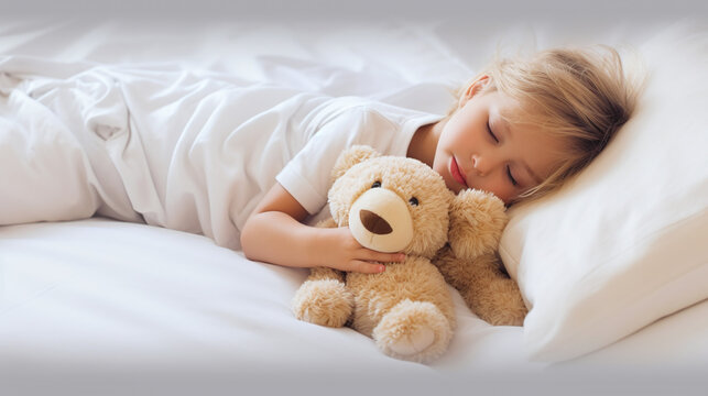 child sleeps peacefully in his cot, snuggled up to his teddy bear
