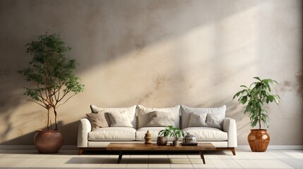 The modern interior design of an apartment's living room features a beige sofa resting against a light stucco wall