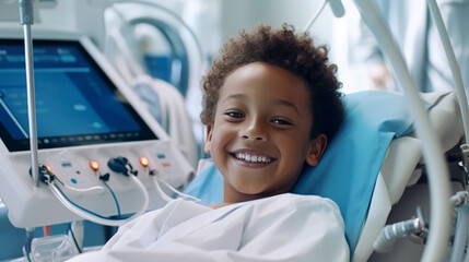 smiling boy lying on the bed in the pediatric care room of a hospital. young smiling boy connected to a vital signs machine in the hospital bed. Generative Ai.