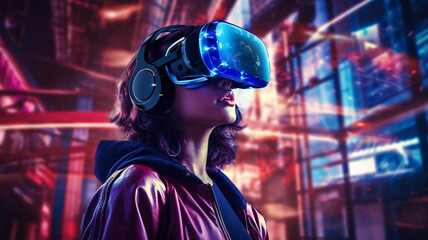 Portrait of young woman wearing. vr reality headset or 3d glasses.