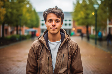 Fototapeta premium Student exchange traveling. Young student smiling portrait.