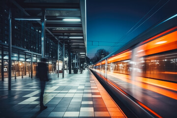Train moving fast at night city. City public transport motion blur light trails.