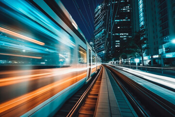 Train moving fast at night city. City public transport motion blur light trails.