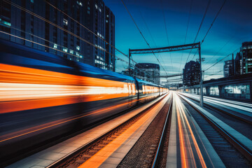 Fototapeta na wymiar Train moving fast at night city. City public transport motion blur light trails.