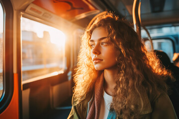 Woman in public transport in sunset light. Woman sitting on bus in sunset lighting. - obrazy, fototapety, plakaty