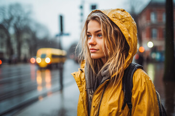 Young woman waiting for bus in rain. Sad woman in raincoat waiting for bus - obrazy, fototapety, plakaty