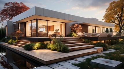 The modern small minimalist cubic house features a terrace, cantilevered roof, and landscaping design in the front yard, complete with a flower bed, in its residential architecture exterior - obrazy, fototapety, plakaty