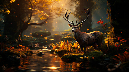 deer in the woods at sunset - obrazy, fototapety, plakaty