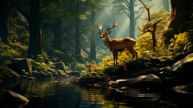 deer in the woods at sunset