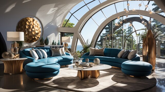 Under a decorative abstract bubbles or balls arch, a blue curved round sofa is featured in an art deco home interior design of a modern living room