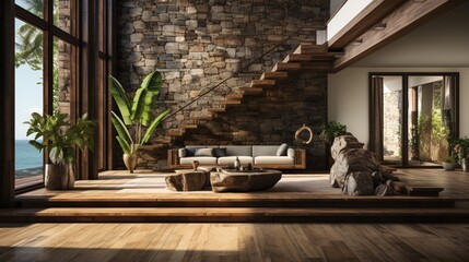 Wooden rustic elements complement the coastal interior design of a modern entrance hall with stone tile walls - obrazy, fototapety, plakaty