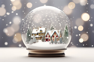 Fototapeta na wymiar A stylized snow globe, encasing a serene, snowy village scene, with softly falling snowflakes