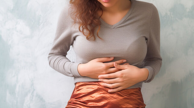 woman with perod pain holds her hands protecting over her stomach 