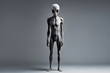 Full length studio portrait of alien with big eyes with red pupil. Sci fi and fantasy concept.