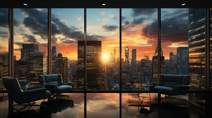 office background with sunset by the windows