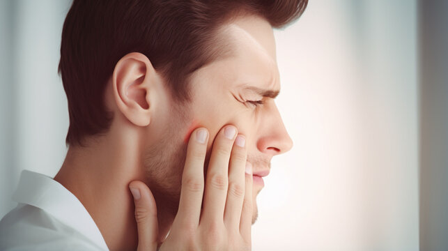 man with face distorted in pain hold hand over his cheeks