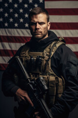 Fototapeta premium Portrait of man holding a gun with US flag in the background