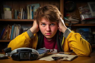 Adolescent with Green Eyes at Cluttered Desk