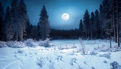 Bosque nevado a la luz de la luna llena  - obrazy, fototapety, plakaty