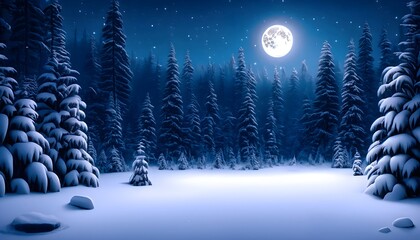 Bosque nocturno nevado a la luz de la luna  - obrazy, fototapety, plakaty