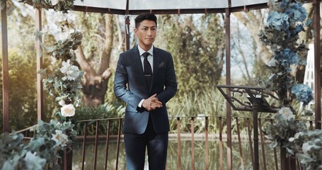 Groom, waiting and man in wedding or ceremony at alter with anxiety, stress or nervous energy for...