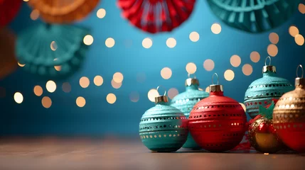 Foto op Plexiglas Fondo navideño con colores vibrantes, esferas y luces de colores cajas con listones y boken brillante © ClicksdeMexico