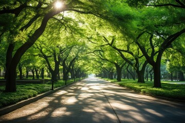 Fototapeta premium Emerald Canopy Shrouding Sunlit Pathway.