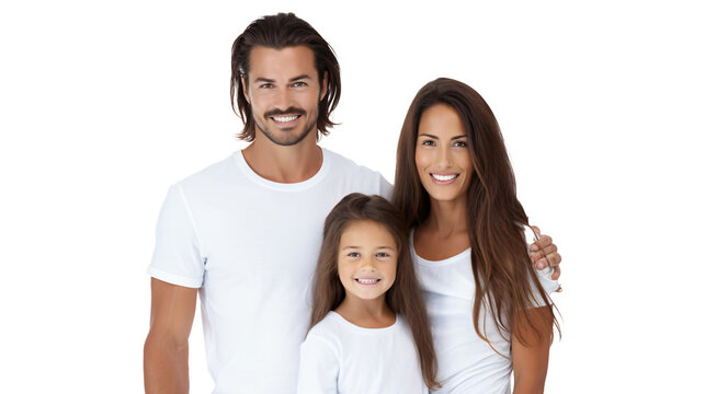 family with different ethnicalls wearing white shirts smiling standing isolated against transparent background