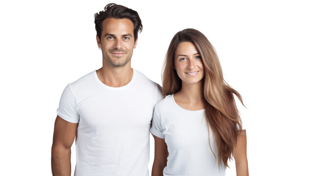 caucasion couple wearing white shirts smiling standing isolated against transparent background