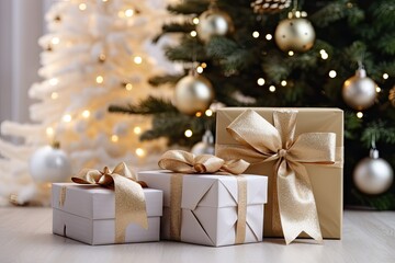 Christmas Gift Boxes Background, Xmas Present Banner with Copy Space, Generative AI Illustration