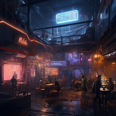 Naklejka premium Street Cafes in Night City Cyberpunk Style, Generative AI Illustration, Drawing Imitation