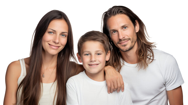 caucasian family wearing white shirts smiling standing isolated against transparent background